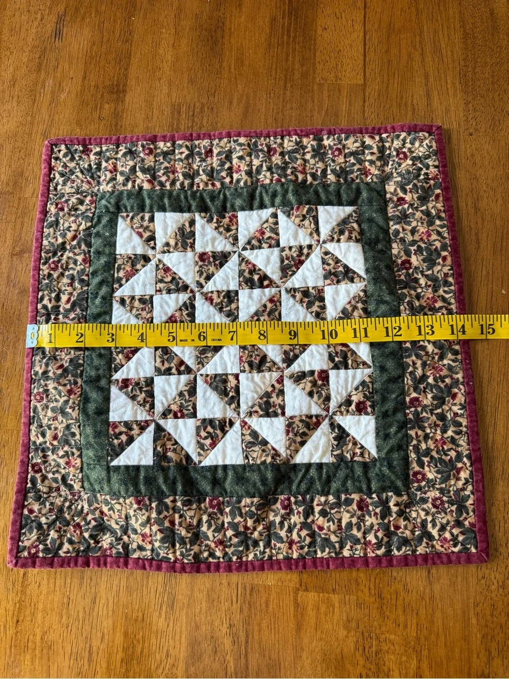 Handmade Vintage square Quilted Table Topper Runner Mat Floral fall Decor 15”